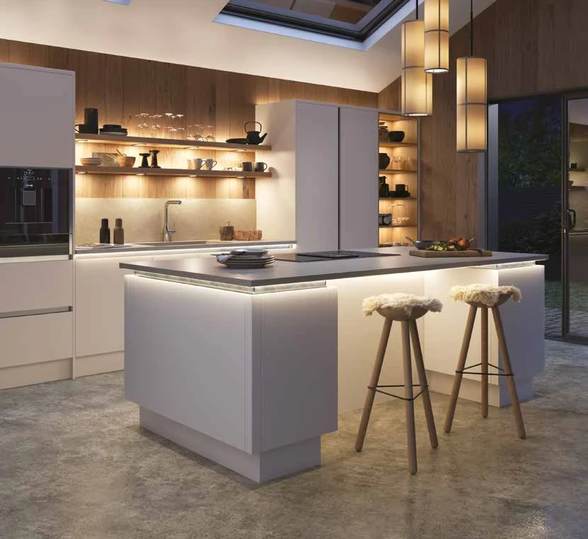 Kitchen with integrated shelf, cabinet and task lighting