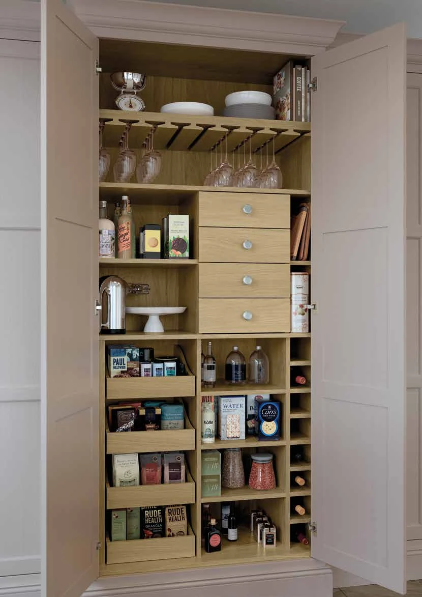 Bespoke oak pantry storage fitted inside a tall cabinet