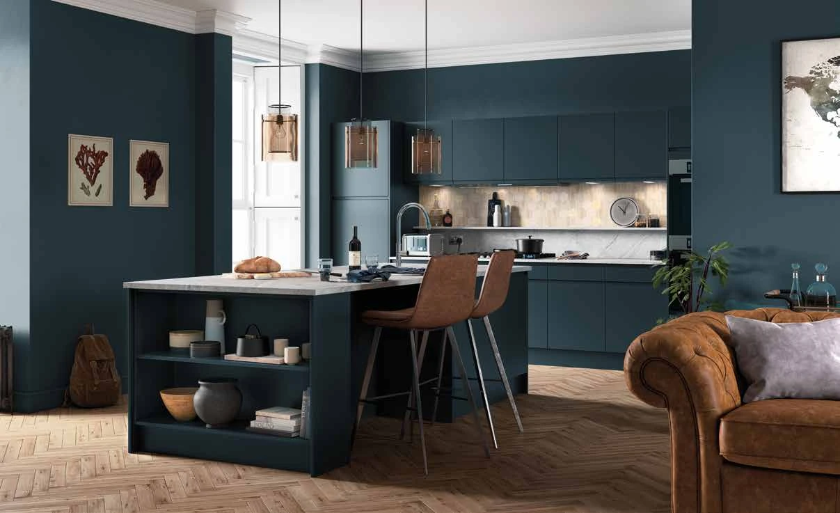 Sorrento Matte handleless kitchen in deep blue with a central island