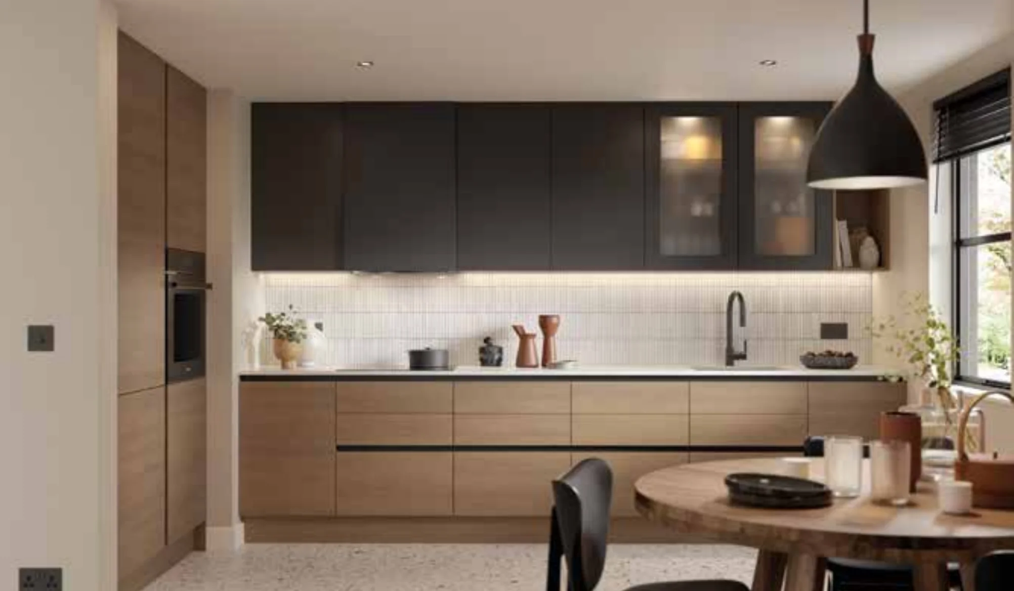 Tivoli handleless slab kitchen in oak veneer with matte graphite cabinetry