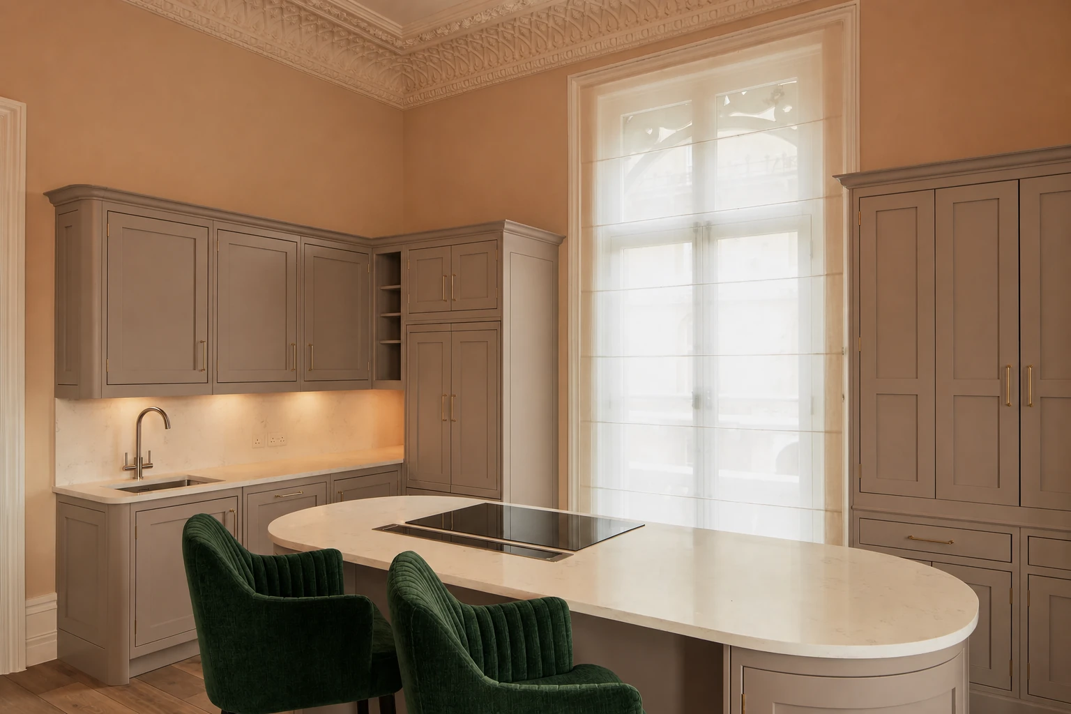 Warm mushroom taupe kitchen with dark green chairs at Thornton Place